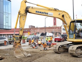 Roadwork continues on Elm Street in downtown Sudbury, Ont. on Monday August 24, 2020. Water main improvements and road resurfacing is being done.