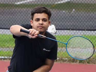 Jiwansh Arora returns a serve during a friendly game of badminton at the pickleball courts at O'Connor Park in Sudbury, Ont. on Tuesday August 25, 2020. John Lappa/Sudbury Star/Postmedia Network