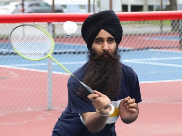 Lovepreet Singh plays a friendly game of badminton at the pickleball courts at O'Connor Park in Sudbury, Ont. on Tuesday August 25, 2020. John Lappa/Sudbury Star/Postmedia Network