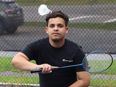 Jiwansh Arora returns a serve during a friendly game of badminton at the pickleball courts at O'Connor Park in Sudbury, Ont. on Tuesday August 25, 2020. John Lappa/Sudbury Star/Postmedia Network