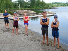 Maximilien Deschenes-Chitov, left, Cole and Paris Macey, and Evan and Mateo Volpini are members of Sudbury Canoe Club's sprint racing team. They're training for the Ontario Virtual Championships this weekend. Laura Young