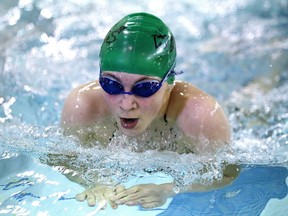 Myriam Bernier of the Valley East Waves takes part in the girls 200 meter breaststroke event at the SLSC Spring Invitational at the JENO TIHANYI Olympic Gold Pool at Laurentian University, in Sudbury, Ont. on Sunday May 14, 2017. Local swimmers have been pressing Laurentian to reopen the pool.