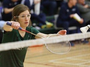 Megan Tallon, of the College Boreal Viperes, competes in mixed doubles badminton action at the Ontario Colleges Athletic Association East Regional Badminton Championship at College Boreal in Sudbury, Ont. on Friday February 3, 2017.