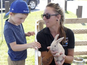 Hendrix Leavoy, 5, with his mom Ada St. Jean, co-coordinator of the education committee with the Timmins Fall Fair, was excited by the opportunity to pet and hold a rabbit during the Mountjoy Farmers' Market on Saturday. 

RICHA BHOSALE/The Daily Press