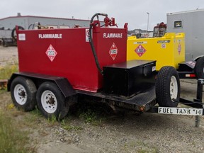 Seen above is a 2009 black homemade flatbed trailer with a red 3,000 litre fuel tank full of colored diesel that was reportedly stolen from a construction site on Hwy. 11 this past week. Supplied