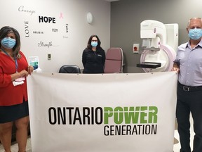 Ontario Power Generation has donated $5,000 towards the purchase of a new mammography unit for Timmins and District Hospital. Guy Guindon, manager of the John P. Larche Medical Imaging Department, said the unit is vital as "Timmins is the only Average- and High-Risk Mammography centre in our area; the next closest is in Sudbury." He said the new system is expected to operate for the next eight to 10 years with an estimated 5,000 mammography exams conducted each year. Attending the presentation along with Guindon on the right, was Barb McCormick, left, TADH Foundation manager of Donor Relations, and Kate Cantin, Northeast stakeholder relations advisor with OPG.

Supplied