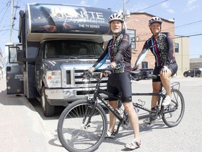 Ignite Possibilities owner and CEO JB Owen, right, and her husband Peter Giesinare riding a tandem bike ride from Alberta to Nova Scotia to inspire people across Canada to chase their dreams. They made a stop in Timmins on Thursday. There is a charitable component to this ride. Ignite Possibilities is raising funds on behalf of The Sunshine Foundation of Canada which makes dreams come true for kids with severe physical disabilities or life-threatening illnesses.

RICHA BHOSALE/The Daily Press