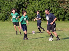 Members of Tillsonburg FC play six-versus-six small-field soccer at Gyulveszi Park on Friday, Aug. 7. (Chris Abbott/Norfolk and Tillsonburg News)