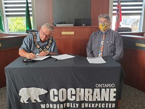Mayor Denis Clement and President of Ininew Friendship Centre Desmond O'Connor signed a joint Declaration of Mutual Commitment and Friendship at the last council meeting. The Declaration is a commitment to try to improve the quality of life of Indigenous People across Ontario's municipalities on behalf of the Town of Cochrane..TP.jpg