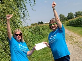 Emily Geroux of Highgate, right, celebrates her $172,870-win with Mary Lou Crowley, president and CEO of the Chatham-Kent Health Alliance Foundation. Geroux purchased the winning number of the foundation's Igniting Healthcare 50/50 draw.