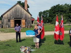 From left to right, Grey County Warden Paul McQueen, Minister of Sport, Tourism, and Culture Industries Lisa MacLeod, Bruce-Grey-Owen Sound MPP Bill Walker, and Georgian Bluffs Mayor Dwight Burley announce over $400,000 in funding for the local tourism and arts sector at Grey Roots Museum and Archives Thursday morning. Greg Cowan/The Sun Times.