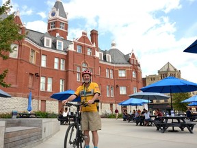 Cycle Stratford president Geoff Love stands with his bike in Market Square, where as many as 100 socially distanced cyclists will embark on the Perth County Cycling Tour beginning at 8 a.m. Sept. 13. (Galen Simmons/The Beacon Herald)