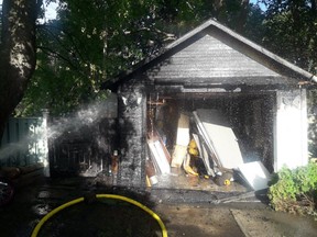 A detached garage at a home on Manitoba Street was damaged in a fire Monday afternoon. (St. Thomas fire department photo)