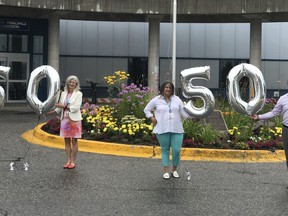 Mary Ellen Pauli, from left, vice of the Timmins and District Hospital Foundation, Kate Fyfe, president and CEO of Timmins and District Hospital, Barb McCormick, manager of the foundation’s donor relations, and Jason Laneville, executive director of the foundation, hold numerals standing for the foundation’s new 50/50 fundraising campaign. SUMBITTED PHOTO