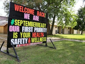 A sign welcomes back students at Georges P. Vanier Catholic School in Chatham, Ont., on Wednesday, Sept. 2, 2020. Mark Malone/Chatham Daily News/Postmedia Network