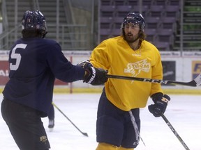 Lukas Konashuk of Team Gold gets tied up with Juliano Santalucia during the club’s first intra-squad game at Revolution Place on Tuesday afternoon. Team Gold picked up a 6-3 win over Team Black. Friday night’s scrimmage, traditionally titled the Brian Nash Memorial Cup, has been postponed until a later date.