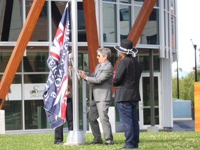 Mayor Rod Frank and Grand Chief William Morin raised the Treaty 6 flag in Strathcona County for the first time on Thursday, August 27 at Volunteer Plaza in Sherwood Park. Travis Dosser/News Staff