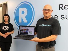 Tiffany D'Angela and Andrew Thomas, with Sarnia-Lambton Rebound, are shown at its Sarnia office. The agency has launched monthly 50-50 fundraising draws, with tickets available online.