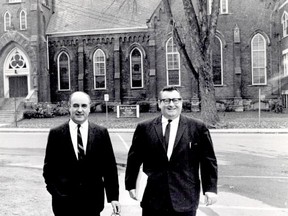 Rev. Russell Horsburgh, left, and C.E. Perkins, with Park Street United Church in the background. (Jim Gilbert Photo)