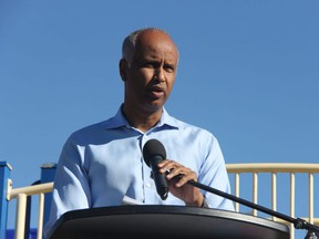 Ahmed Hussen, federal minister of families, children and social development, was in London Friday at White Oaks elementary school, speaking about additional funding put forward by the federal government to help provinces and territories with their return-to-school plans. (JONATHAN JUHA/The London Free Press)
