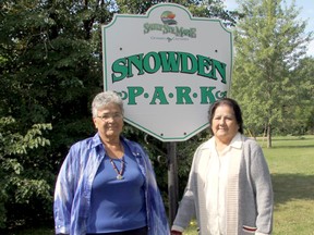 Nellie Mitchell and Ellen Pine at Snowden Park on Shannon Road. The pair helped rescue a neighbourhood boy who fell into a large pond at the site near the Shingwauk Indian Residential School in 1960. SUPPLIED