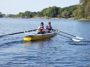 Audreanne Soenens, front, rows with her mother, Cilvy Dupras. The tandem is part of the Sudbury Rowing Club’s adaptive program on Sundays.