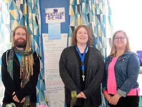 The Hub’s program co-ordinator Ryan Mitchell and youth advisor Shea Silvestri stand with Sarnia-Lambton Rebound Executive Director Carrie McEachran in this photo from March. Rebound announced a partnership with The Lotto Factory Global to host a monthly 50/50 draw that will raise funds for the youth agency. File photo/Postmedia Network