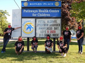 Members of the Sarnia-Lambton FASD Network Committee wear Red Shoes Rock T-Shirts in anticipation of a campaign supporting International FASD Awareness Day, which falls on Sept. 9. September is also FASD Awareness Month. From left to right: Pathways’ Dave Schaller, Sarnia Lambton Children’s Aid Society’s Melody Bourque, Community Living Sarnia’s Norma Hills, St. Clair Child and Youth Services’ Bernadette Briand, Pathways’ Amber Arnold and Jennifer Hunter and Lambton County Developmental Services’ Amy Burrows. Carl Hnatyshyn/Sarnia This Week