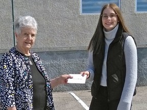 Pauline Chudzik, (left) treasurer of the Canadian Federation of University Women of Portage la Prairie, presents Karlie Verwey, (right) the 2020 CFUW $500 Bursary given to a PCI graduate each year to assist in pursuing further education. (supplied photo)