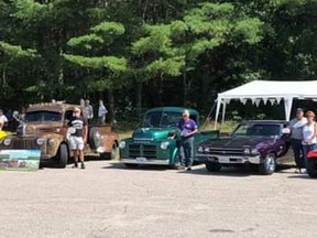 Official winners at the 2020 edition of the Rapides des Joachims Car Show were, from left, Tim Ashick of Pembroke, Diane Desrochers of Fabre, Wiley van Hoof of Petawawa, Claude Fortin of Pembroke, Mike Cherri of North Bay, James Riddle of Verner, and Doug Norman of North Bay. Submitted photo