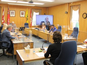 On the evening of Sept. 1, City of Pembroke council met again in person for the first time since the COVID-19 pandemic reached fever pitch back in March. Because of the many plexiglass panels seperating everyone, masks are not required to be worn while a person is seated in their space. When a person stands up or walks within the room, a mask is required. Each space also includes a small bottle of hand sanitizer and city staff sanitize each space after each time that it is used. This means when various committee chairpersons change position, the spaces are sanitized before the changeover. Anthony Dixon