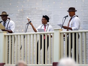 Allan Louis, Amaka Umeh and Michael Blake perform during the first Blank Stage: Performances from the Porch concerts at the Stratford Perth Museum on Aug. 23. Photo by Genna Dixon