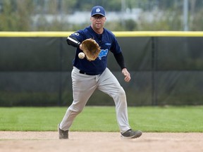 World’s Longest Baseball Game organizer Brent Saik in action at Centennial Park’s Diamond No. 9 in Sherwood Park in August of 2019. David Bloom/Postmedia Network