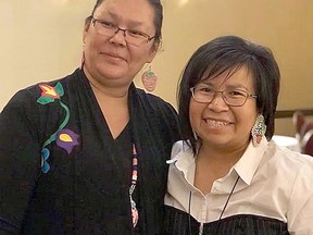 Cree designers Jennifer Wabano and Dolores Gull take a break during the first Indigenous Fashion Show held in Timmins in 2019. They have announced this year’s event will be held virtually this fall. SUBMITTED PHOTO