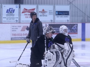 County of Grande Prairie Kings goalie coach Chris Levesque in action at Kings main camp on Saturday morning at the Crosslink County Sportsplex. The Kings invited eight goalies to main camp and Levesque was on the ice to evaluate the best suited for Kings head coach and GM Kyle Chapple.