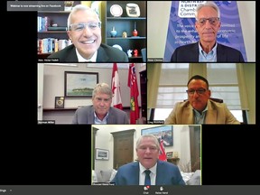 Premier Doug Ford, bottom, joins a town hall, Monday afternoon, with OntarioÕs Northern chambers of commerce. Joining Ford at the town hall were North Bay & District Chamber of Commerce president and chief executive officer Peter Chirico, top right, Kenora-Rainy River MPP Greg Rickford, Parry Sound-Muskoka MPP Norman Miller, and Nipissing MPP Vic Fedeli. Screenshot