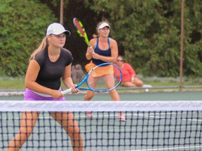 Meg Killeen (foreground) and Jacquie Ross compete in women's doubles during the Southampton Tennis Club's Cups Week.
(David Bradshaw photo)