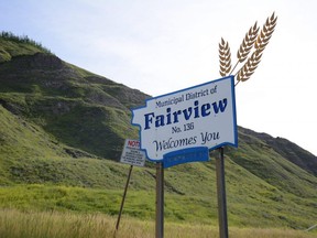 An entrance sign for the M.D. of Fairview near Dunvegan Provincial Park on Saturday, July 11, 2020.