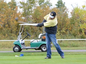 Al Fletcher sends his ball sailing during the Andy Little Memorial Golf Tournament at the Fairview Golf Club in Fairview, Alta. on Saturday, Sept. 12, 2020.