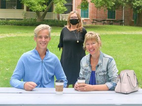 Jay Parsons and Geanna Bean (front) stopped by the Chamber Community Picnic at Lynnwood Eats on Sept. 10 and met with Linda Branderhorst, general manager of the Simcoe and District Chamber of Commerce. Future dates of picnics will be posted to the chamber social media profiles. Ashley Taylor/Postmedia Network