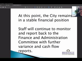 Brockville finance director Lynda Fergson, top right, addresses the city's financial decisions in a virtual meeting of the finance and administration committee on Tuesday. (SCREENSHOT)