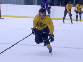 Kyle Sha of the County of Grande Prairie Kings carries the puck during main camp at the Crosslink County Sportsplex on Saturday afternoon. The Kings cut their roster down to 25 players by Sunday. The club will skate twice a week for the foreseeeable future, as the club waits for a start date to the proposed exhibition season.