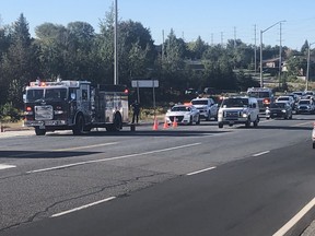 Entry to the industrial park on Falconbridge Road in New Sudbury was blocked about 9:10 a.m. Thursday by numerous emergency vehicles.