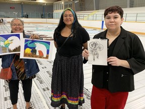 Walpole Island artists Teresa Altiman and Daisy White, along with Caldwell First Nation artist Naomi Peters, will have their sketches turned into giant art pieces that will ascend the Gordie Howe International Bridge as it's built. (Jake Romphf/Postmedia Network)