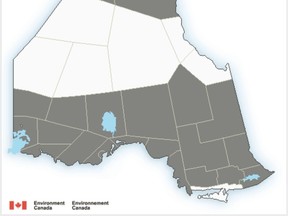 An image from Environment Canada highlights the areas in Northern Ontario under frost advisories, Thursday morning.