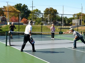 David Wright and Hugh Verstoep play a game of pickleball against Pearl Verstoep and Joyanne Loughran on the Shakespeare Park pickleball courts Thursday morning. A group of local pickleball players (not those pictured) have asked the city to sponsor both a pickleball tournament next year as well as the 2022 Pickleball Ontario Championships. Galen Simmons/The Beacon Herald/Postmedia Network