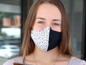 Audrey Vair holds a box of masks featuring her art designs to be donated to children in need. Photographed Thursday, Sept. 17, 2020 in Sault Ste. Marie, Ont. (BRIAN KELLY/THE SAULT STAR/POSTMEDIA NETWORK)