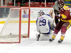 The NOJHL’s Soo Thunderbirds have acquired Timmins native Cameron Dutkiewicz, shown here scoring a goal against Nickel Capital Wolves goalie Ryan Teddy during a GNML game at the McIntyre Arena in December of 2018, from the Renfrew Timberwolves, of the CCHL2. Dutkiewicz, who played one game in the NOJHL as affiliate with the Timmins Rock in 2018-19, is a graduate of the GNML’s Timmins Majors program. FILE PHOTO/THE DAILY PRESS