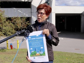 Clean, Green, Beautiful North Bay committee member Hariett Madigan speaks to reporters outside Northgate Shopping Centre, Friday, about a city-wide clean up happening Sept. 27. Michael Lee/The Nugget
