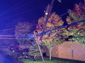 A photo shows the damage caused after a vehicle collided with a pole, early Friday morning, resulting in a power outage. North Bay Hydro photo